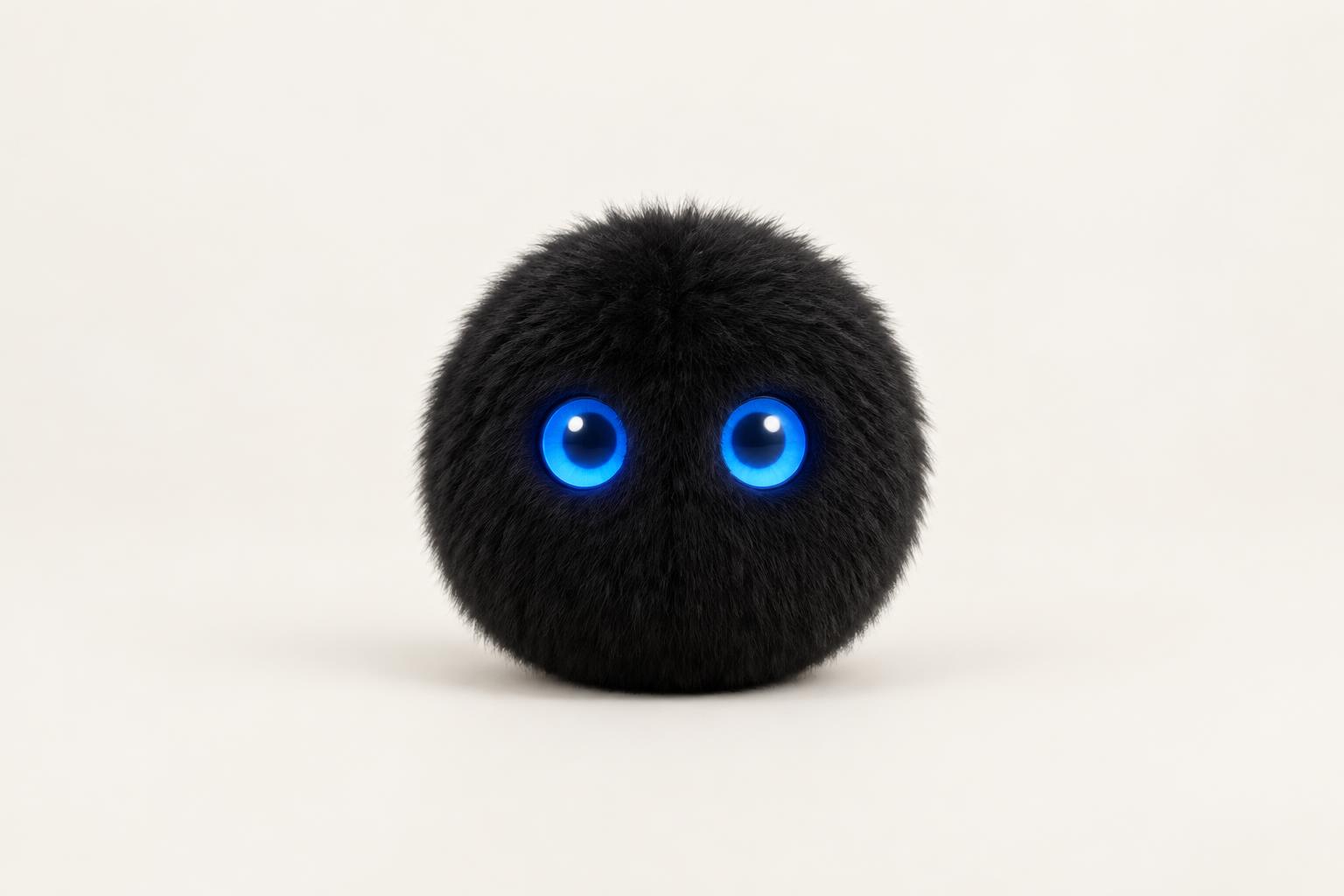 VELUNII AI Companion — a small round fluffy black companion with glowing blue digital eyes
